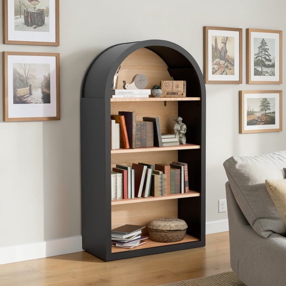GZXS 4-Tier Arched Bookcase, Modern Vintage Display Shelf with Black Frame & Natural Wood-Toned Shelves, Anti-Tip Kit Included, for Living Room (23.62"L x 11.81"W x 43.31"H)