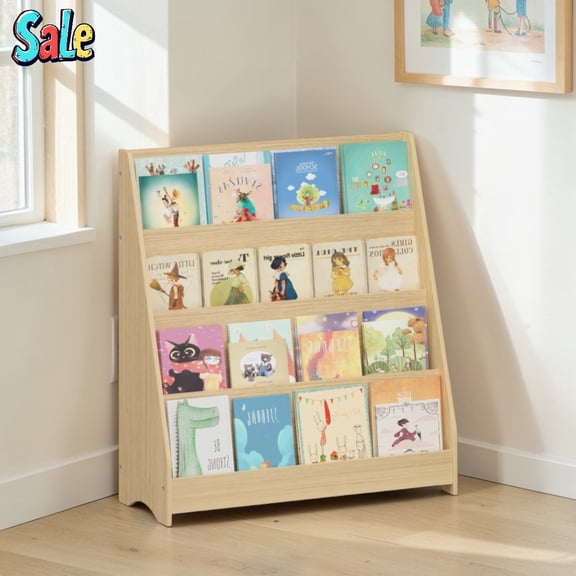 GZXS 4-Tier Slanted Bookshelf in Natural Finish, Floor-Standing Book Display Shelf with Rounded Edges, for Playroom/Bedroom/Living Room