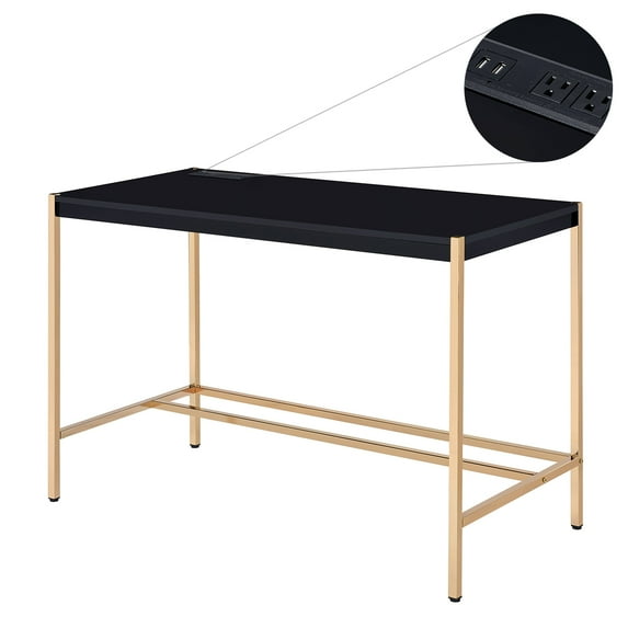 GZXS 40-Inch Minimalist Home Office Computer Desk with Charging Outlets and USB Ports, 20"W x 42"D x 30"H, Black and Gold