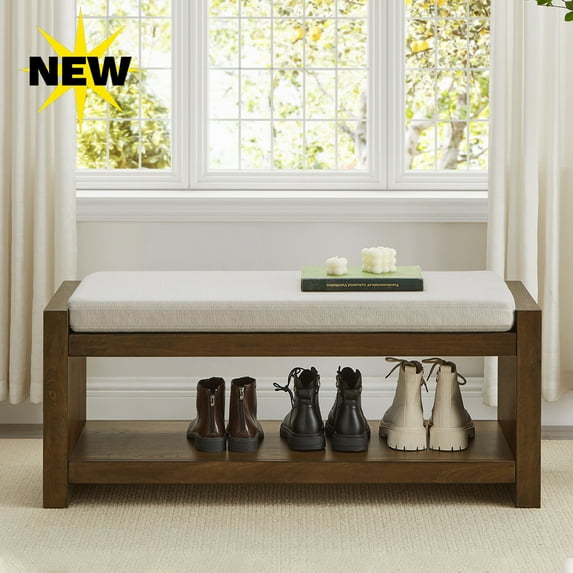 GZXS 40-Inch Padded Entryway Bench with Lower Shelf – Compact Accent Bench with Storage and Removable Beige Cushion for Bedroom, Living Room, or Hallway