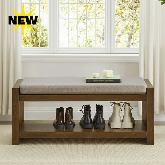 GZXS 40" Storage Shoe Bench with Open Shelf and Padded Linen Cushion, Wooden Entryway Seat/Bedroom Ottoman for End of Bed, Windows, Living Room