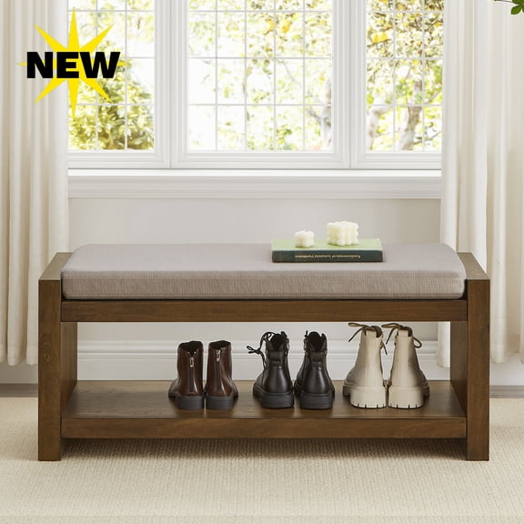 GZXS 40" Storage Shoe Bench with Open Shelf and Padded Linen Cushion, Wooden Entryway Seat/Bedroom Ottoman for End of Bed, Windows, Living Room