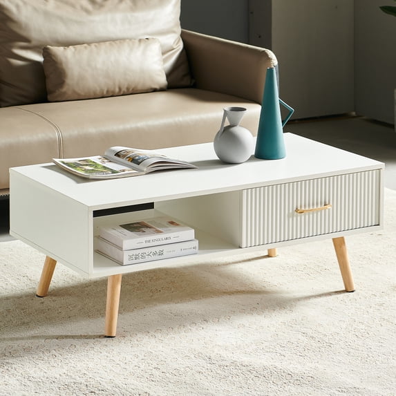 GZXS 41 Inch Rectangle Coffee Table with Storage Drawer & Open Shelf, Solid Wood Legs, Stylish Living Room Furniture, White