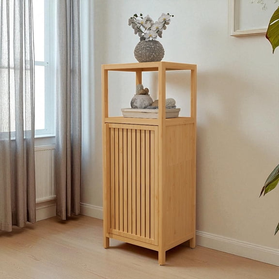 GZXS 41" Narrow Bamboo Storage Cabinet, Freestanding Bathroom & Bedroom Storage Organizer with 1 Slatted Door and Open Shelf, Suitable for Small Space, Natural