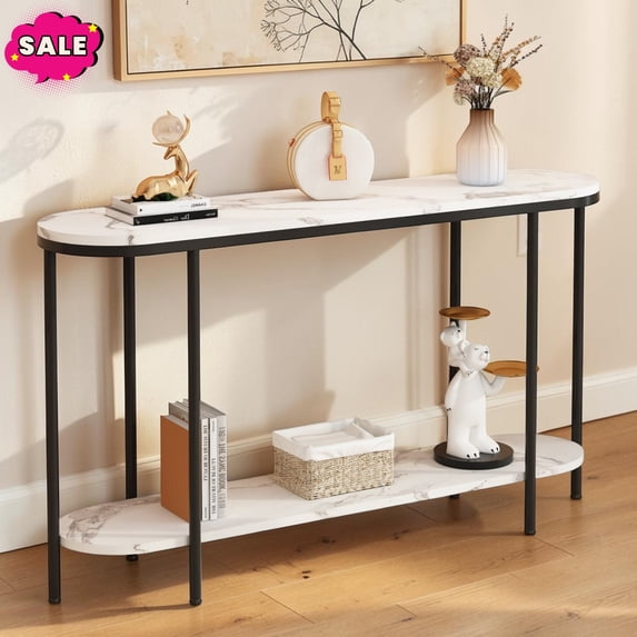 GZXS 42.1 Inch Oval Console Table with Storage Shelf, 2-Tier Sofa Table with Faux Marble Top, Behind Couch Table with Metal Frame, Sofa Table for Hallway, Foyer, Living Room, Black
