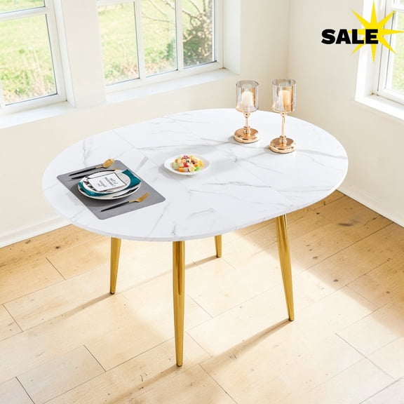 GZXS 42"-54" Extendable Dining Table, Round to Oval Pull-Out Kitchen Table with White Marbling MDF Top & Gold Metal Legs, Space-Saving Design for Compact Spaces, Small Apartments, Seats 4-6