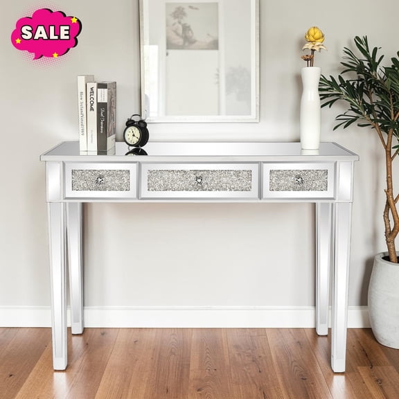 GZXS 42 Inch Mirrored Desk, Modern Computer Desk with 3 Drawers, Vanity Desk with Storage, Writing Table for Living Room, Bedroom, Silver