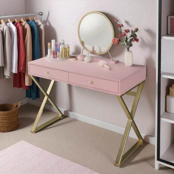 GZXS 42 Inch Vanity Desk with Removable Mirror and Jewelry Tray, 2 Drawers & Crystal Handles, Pink Makeup Table with Gold Metal Legs