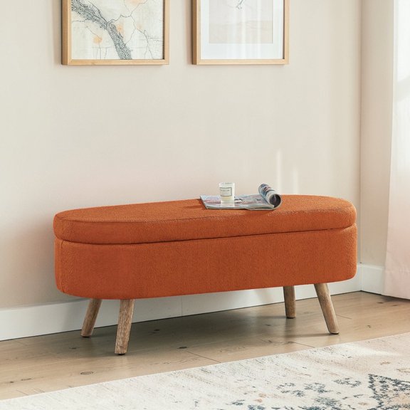 GZXS 42" Oval Upholstered Storage Bench in Orange, Boucle Fabric Ottoman Footstool with Hidden Compartment and Rubber Wood Legs, Easy to Assemble