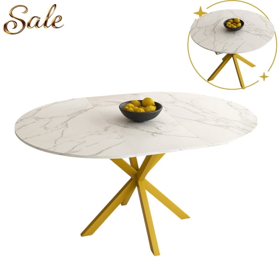 GZXS 43.3"-59.1" Extendable Round Dining Table for 4–6, White Marbling MDF Dining Table with Carbon Steel Golden X-Base, Round to Oval Expandable Kitchen Table