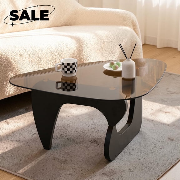 GZXS 43.3 Inch Glass Top Coffee Table, Modern Cocktail Table, Triangle Center Table for Living Room, Brown & Black