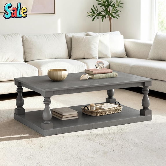 GZXS 43.5-Inch Rectangle Coffee Table, Vintage Center Tea Table with Solid Pine Legs and Open Shelf, Easy Assembly, Gray