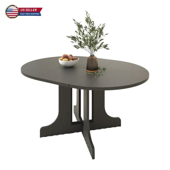 GZXS 43-59 Inch Expandable Oval Dining Table with Self-Storing Leaf, Farmhouse Kitchen Table with Trestle X-Shaped Base, Black