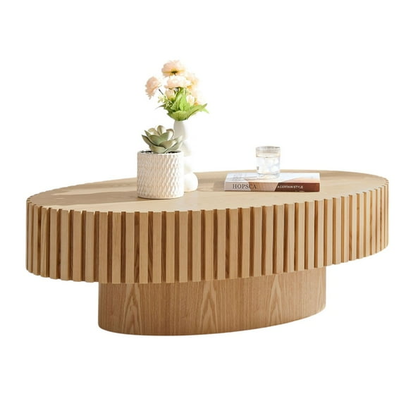 GZXS 43.7" Modern Oval Coffee Table with Pedestal Base, Handcrafted Wood Center Table for Living Room, Natural Ash Finish