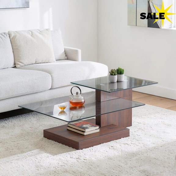 GZXS 43.7" Rectangular Coffee Table with Tempered Glass Top & Shelf, Z-Shaped Design, 3-Tier MDF Center Table for Living Room, Reception Room, Walnut