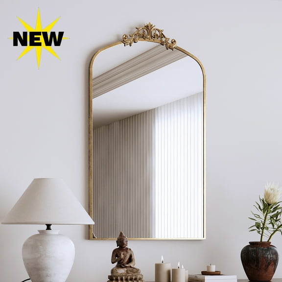 GZXS 43" x 24" Vintage Arched Wall Mirror – Antique Bronze Metal Frame with Baroque Detailing, Elegant Dressing Mirror for Entryway, Living Room, Bedroom