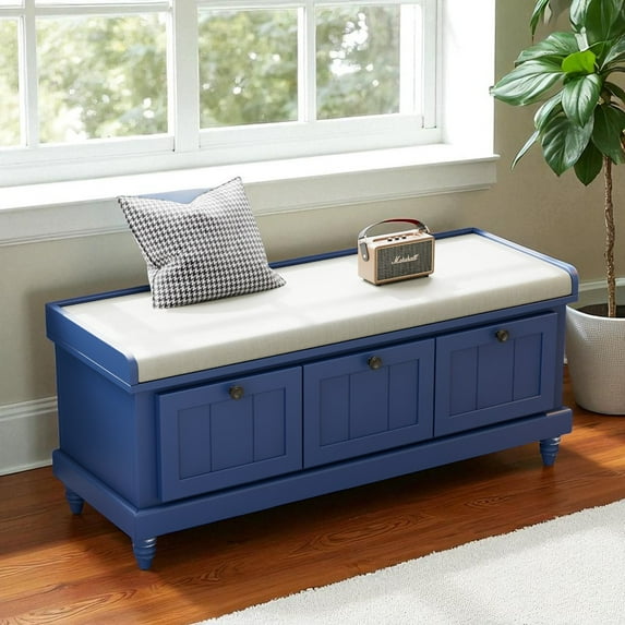 GZXS 44.1-Inch Shoe Bench with Lift Top Storage & Storage Drawers, Entryway Bench with Cushioned Seat, for Foyer, Bedroom, Living Room, Navy Blue