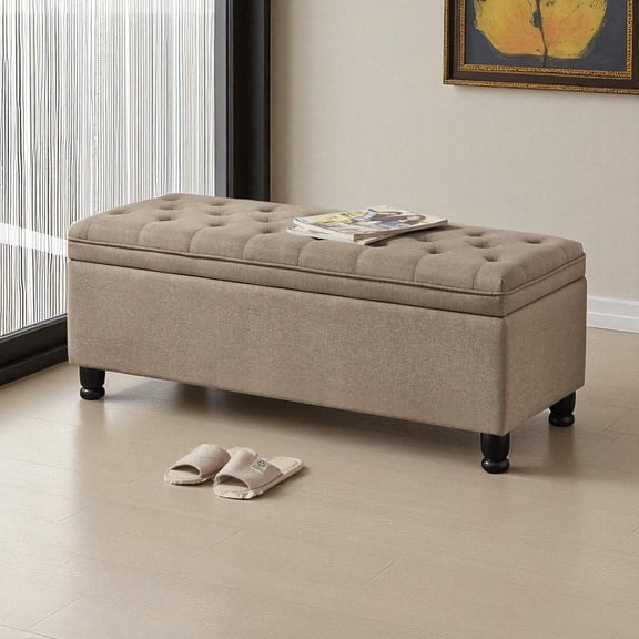 GZXS 44.5" Linen Fabric Tufted Button Storage Ottoman Bench, Modern Bed End Seat with Spacious Hidden Compartment, Easy to Assemble