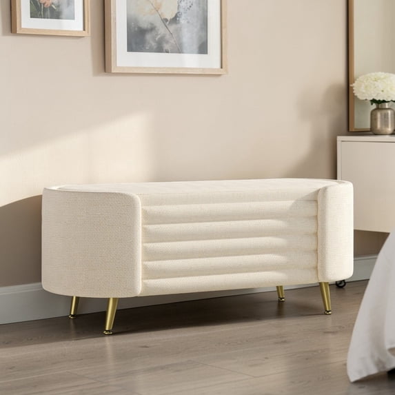 GZXS 44.9 Inch Oval Storage Bench, Beige Chenille Upholstered Ottoman with Hidden Compartment and Golden Metal Legs for Bedroom, Entryway, Living Room or Foot of Bed