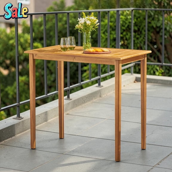GZXS 44" Rectangular Acacia Wood Bar Table, Bistro Table, Pub Table with Slatted Top & Tapered Legs, Indoor/Outdoor Use for Kitchen, Patio, Balcony (Teak)