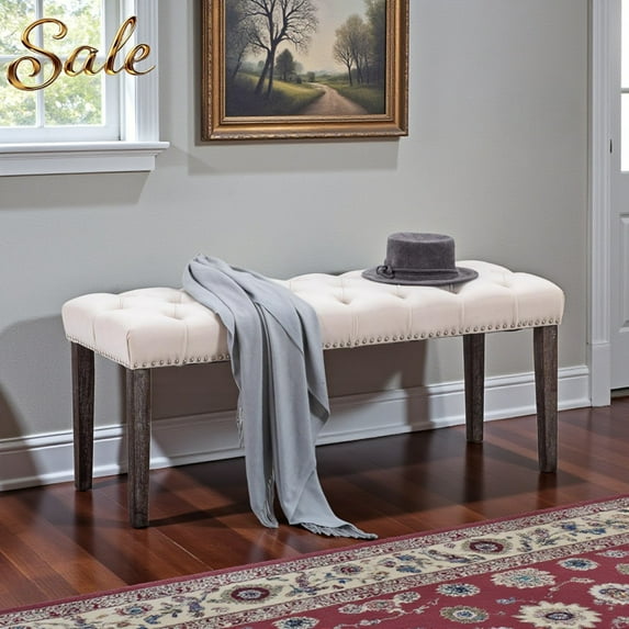 GZXS 45.28'' Velvet Bedroom Bench, Upholstered End of Bed Seat with Tufted Button, Vintage Padded Dining Bench w/ Solid Wood Legs, for Kitchen, Living Room, Hallway, Beige