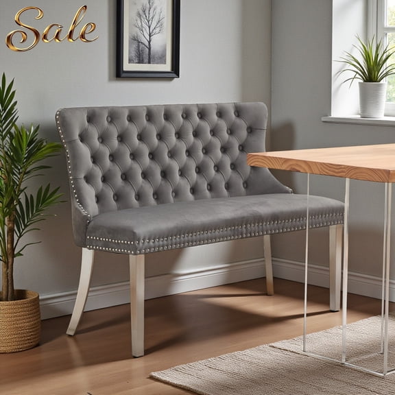 GZXS 45.6" Tufted Velvet Dining Bench with Back, 2-Seat Upholstered Loveseat Bench with Brushed Silver Stainless Steel Legs for Living/Dining Room, Gray