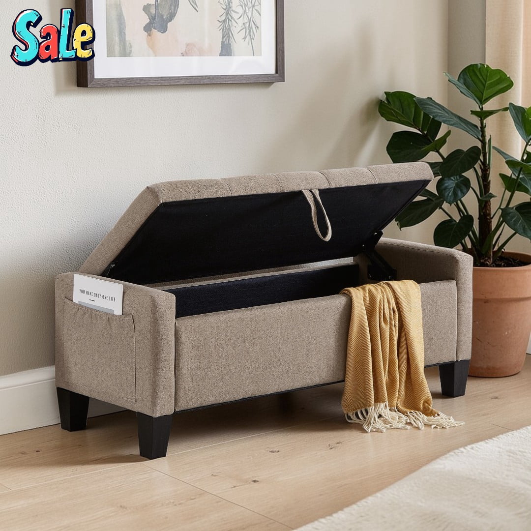 GZXS 45 Inch Upholstered Storage Bench in Linen, Tufted Ottoman Seat with Side Pocket for Bedroom, Entryway, Small Apartments