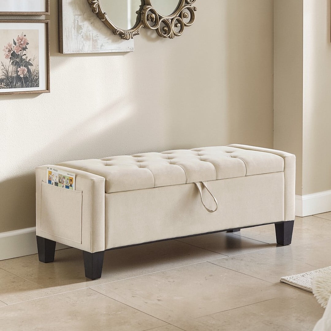 GZXS 45" Linen Upholstered Storage Ottoman Bench with Tufted Padded Seat, Hidden Compartment, and Side Pocket, for Entryway, Foyer, Bedroom or Living Area, Beige