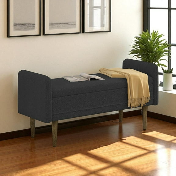 GZXS 46" End of Bed Bench, Modern Bedroom Teddy Velvet Upholstered Entryway Ottoman Benches with Storage Space and Rubber Wood Legs for Bedroom, Hallway, Living Room, Foyer (Black)