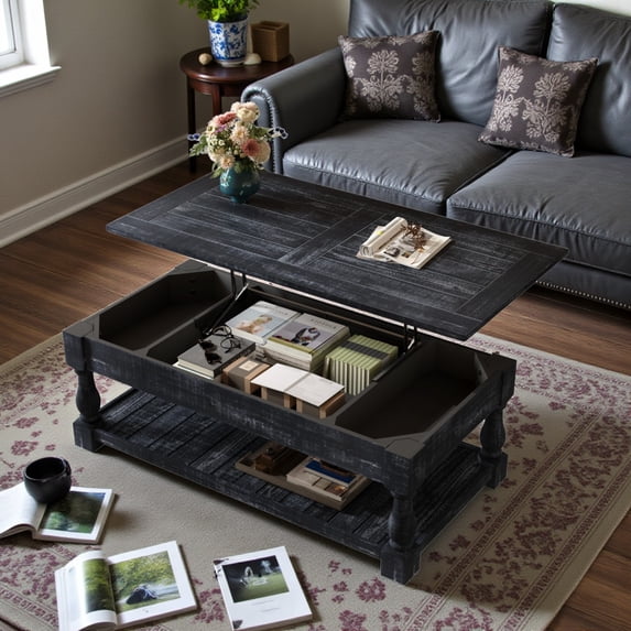 GZXS 47.24" Lift Top Coffee Table in Antique Black, Rustic Wood Coffee Table with Hidden Storage, Two-Tier Design & Weathered Finish for Home Decor, Small Apartments