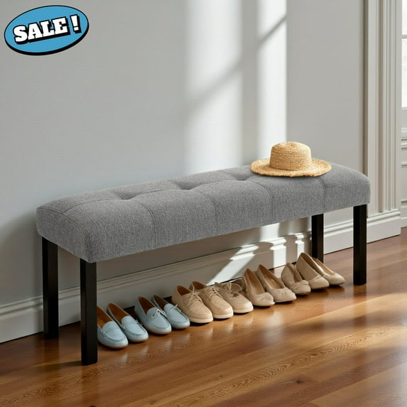 GZXS 47.24" Linen Upholstered End of Bed Bench with Tufted Button Seat, Farmhouse Padded Dining Bench with Solid Wood Legs, for Kitchen, Living Room, Hallway (Gray)