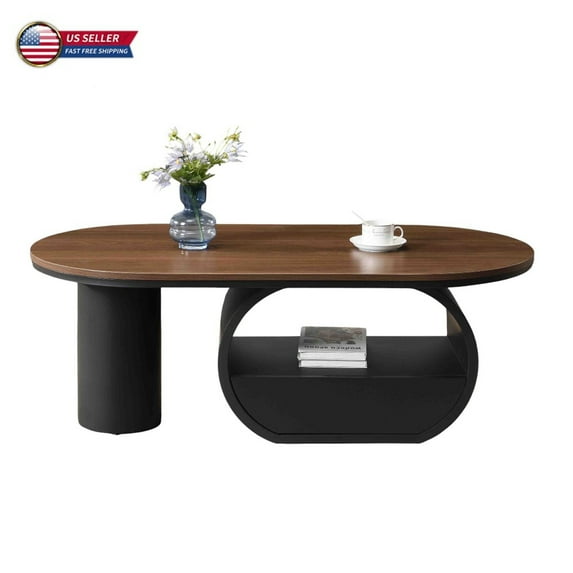 GZXS 47.24" Modern Oval Coffee Table with Storage Drawer and Metal Base – Living Room Center Tea Table for Home Office, Apartment, Bedroom (Brown+Black)