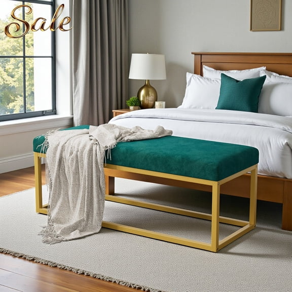 GZXS 47.24" Velvet Upholstered Bench with Steel Frame, Thick Padded Cushion, Modern Entryway Bedroom Bench Supports up to 600 lbs (Green+Gold)