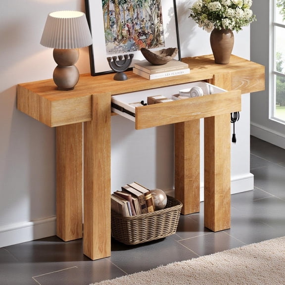 GZXS 47.25" Solid Wood Console Table in Distressed Natural Finish, Modern Farmhouse Entry Table with Charging Station & Hidden Drawer, Thick Legs and Adjustable Feet, Sleek Rustic Design