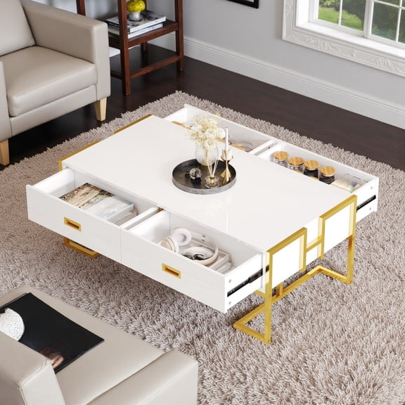 GZXS 47.3" Rectangular Coffee Table with 4 Storage Drawers, Modern High-Gloss MDF Center Table with Gold Metal Base, for Living Room, White
