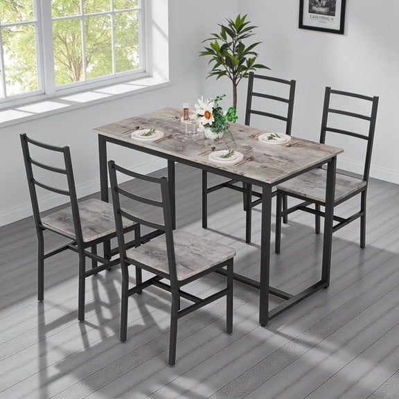 GZXS 47.5" Rectangular Dining Table with 4 Ladder Back Chairs, Industrial Farmhouse Dinette Set with Sturdy Metal Frame, Easy Assembly 5-Piece Kitchen Set for Breakfast Nook, Gray and Black