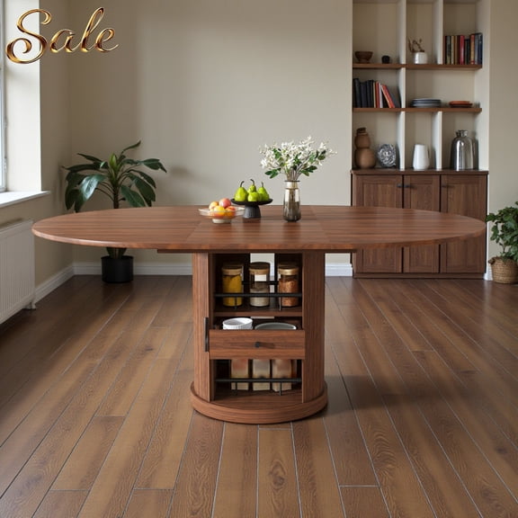 GZXS 47"-59" Expandable Oval Dining Table in Walnut, Manual Extension Design, Walnut Grain Finish, Pedestal Base with Open Shelves & Drawer, Multi-Functional for Kitchen, Dining & Living Area