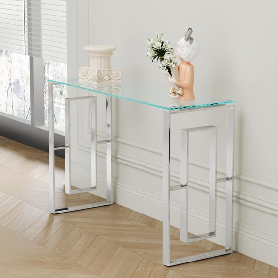 GZXS 47" Console Table with Clear Tempered Glass Top and Silver Stainless Steel Legs, Narrow Entryway Table for Home Decor