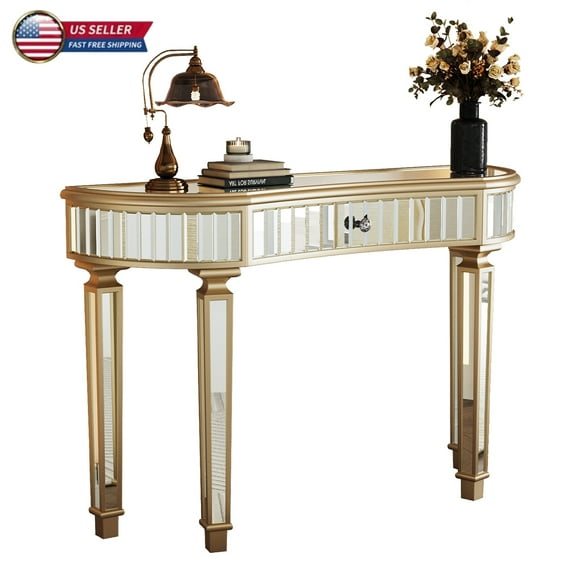 GZXS 47 Inch Mirrored Console Table with One Storage Drawer & Crystal Drawer Knob, Modern Elegant Vanity Table for Bedroom, Entryway (Gold+Silver)