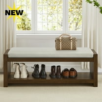 GZXS 47 Inch Rectangular Upholstered Storage Bench, Padded Bench with Wood Shelf and Removable Seating Cushion - Accent End of Bed Bench for Bedroom, Entryway, Living Room (Beige)