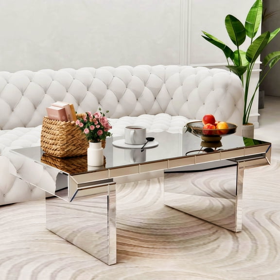 GZXS 47" Mirrored Coffee Table with Fluted Tempered Glass, Modern Luxury Rectangular Center Table for Living Room, Scratch-Resistant Surface, Easy Assembly, Silver
