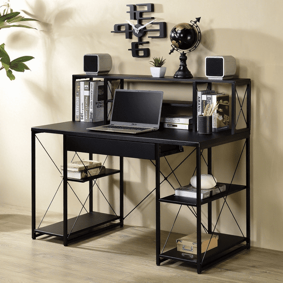 GZXS 47" Modern Computer Desk with Storage Hutch, Open Shelves and 1 Drawer, Industrial Writing Workstation for Home Office, Black