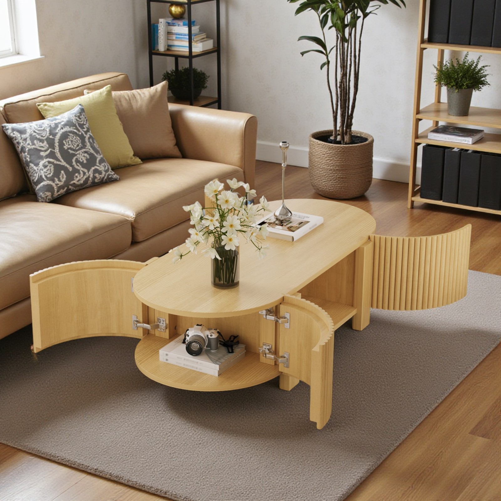 GZXS 47" Oval Fluted Coffee Table with Storage, Solid Rubber Wood ...