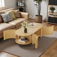 thumbnail image 1 of GZXS 47" Oval Fluted Coffee Table with Storage, Solid Rubber Wood Coffee Table with 4 Doors and Open Shelf, Modern Center Table for Living Space, Natural, 1 of 9