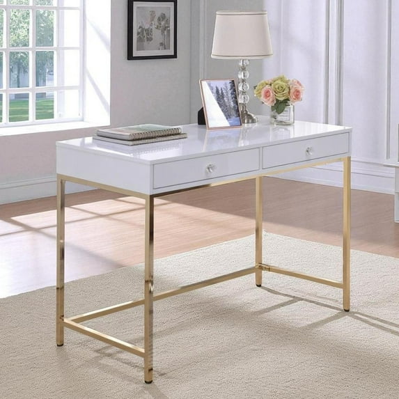 GZXS 47" Writing Desk with 2 Storage Drawers, High Gloss Home Office Computer w/ White MDF Top & Gold Metal Legs, Modern Rectangular Vanity Desk for Bedroom