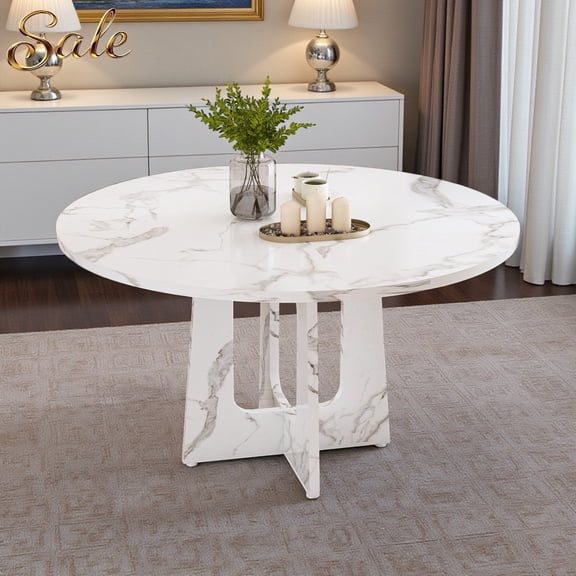 GZXS 47-inch Round Dining Table, Modern Kitchen Table in White Marble Finish, 300lb Capacity, Easy Assembly, Seats 4-6, Perfect for Small Spaces & Apartments