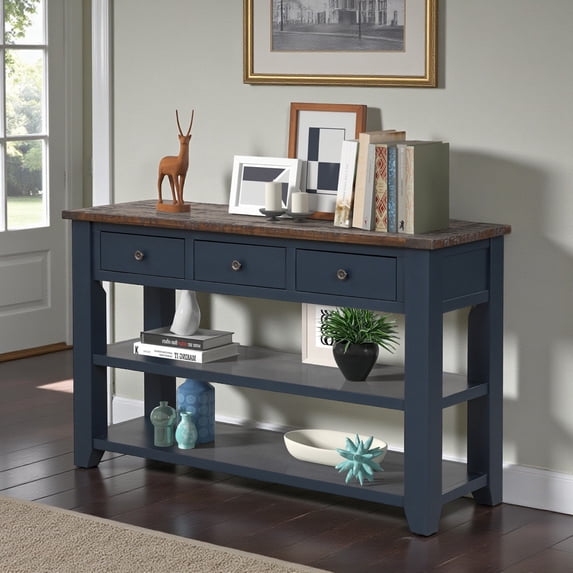 GZXS 48.8-Inch Rectangle Console Table with 3 Drawers and 2 Shelves, Vintage American Style Sofa Table behind Couch for Living Room or Hallway (Blue+Brown)