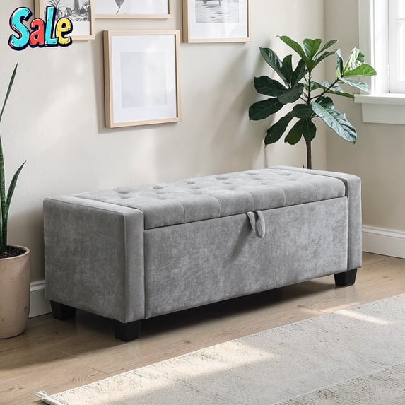 GZXS 48" Chenille Upholstered Bench with Button Tufted Seat, Flip-Top Storage Ottoman with Hidden Compartment, 350 lbs Weight Capacity, Light Gray