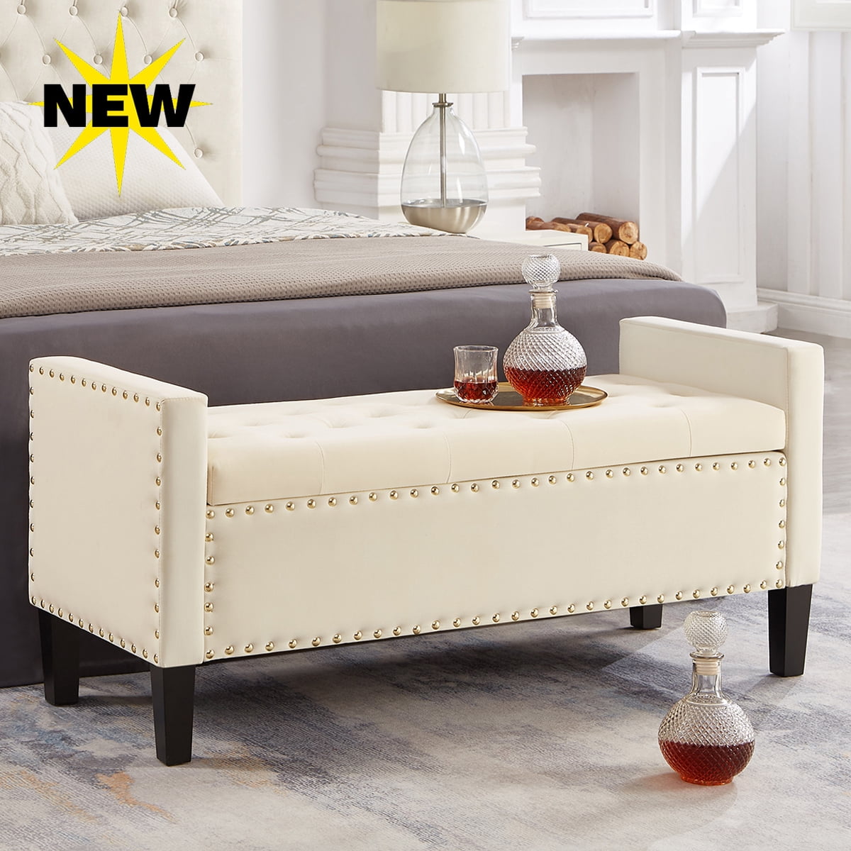 GZXS 48-Inch Storage Bench, End of Bed Bench with Button-Tufted, Velvet ...