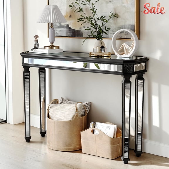 GZXS 48" Mirrored Console Table, Entryway Sofa Table, Modern Rectangular Accent Foyer Table for Living Room, Hallway, Black & Silver